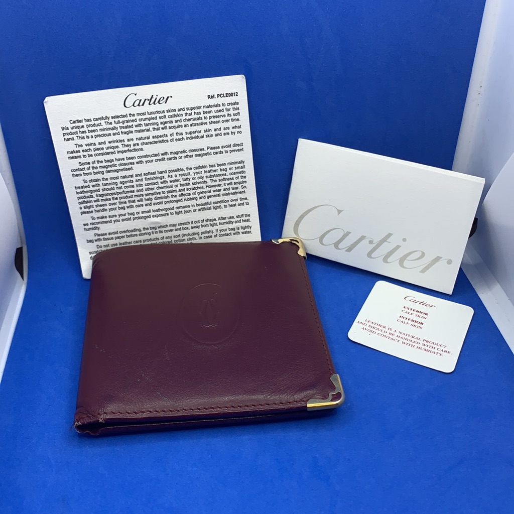 Authentic Cartier Bi-Fold Wallet Leather Vintage Bordeaux Gold Women's 11
